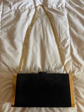 Vintage 90s Black and Gold Genuine Suede Chain Shoulder Bag